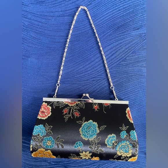 Floral Black Clutch with Chain - Picture 1 of 6